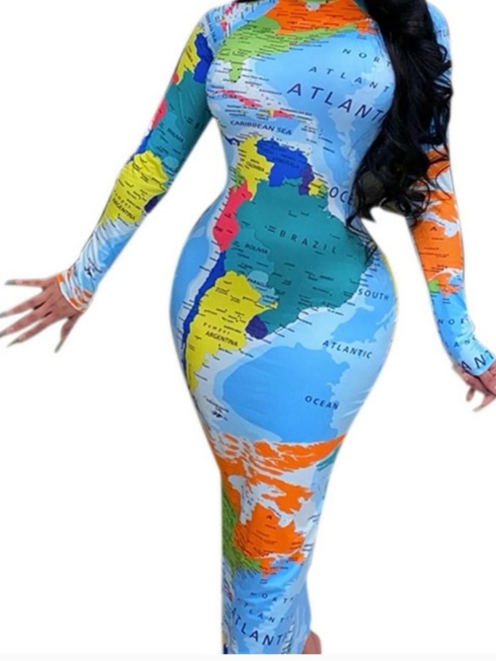 Map Print Bodycon Maxi Dress - Blue Multi